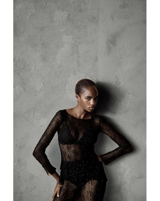 Pull&Bear Gray Lace Top With Rhinestones