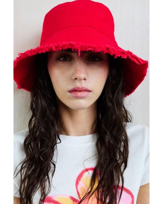 Pull&Bear Red Frayed Hem Bucket Hat