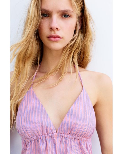 Pull&Bear Gestreepte Haltertop Van Linnenmix in het Blue