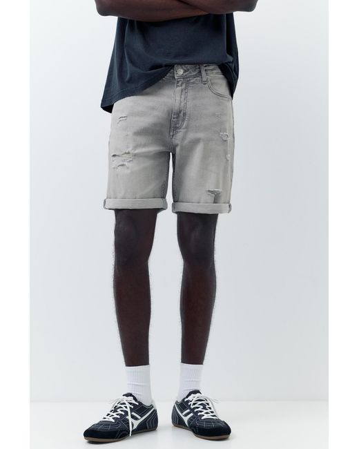 Pull&Bear Blue Ripped Denim Bermuda Shorts for men