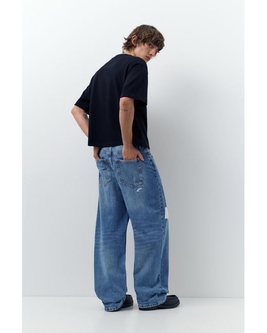 Pull&Bear Blue Baggy Patchwork Jeans for men