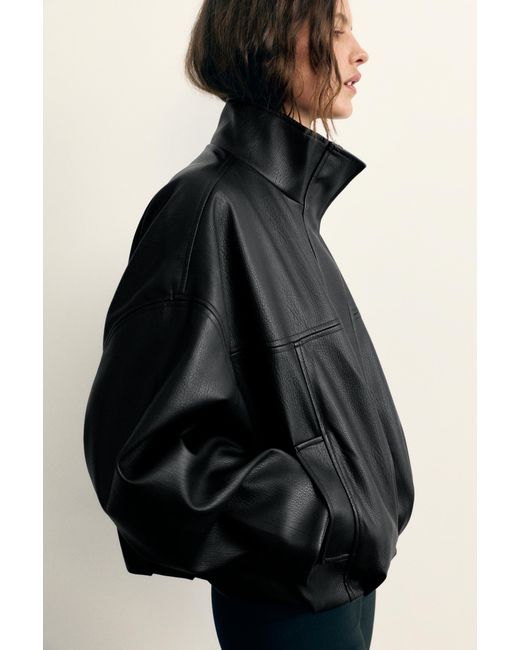 Pull&Bear Gray Leather-Effect Balloon Bomber Jacket