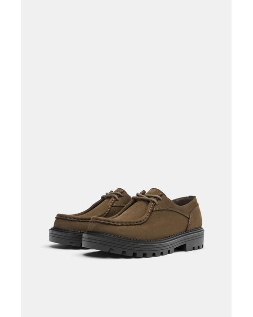Pull&Bear Blue Lace-Up Leather Flat Shoes for men