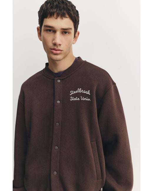 Pull&Bear Brown Embroidered Varsity Jacket for men