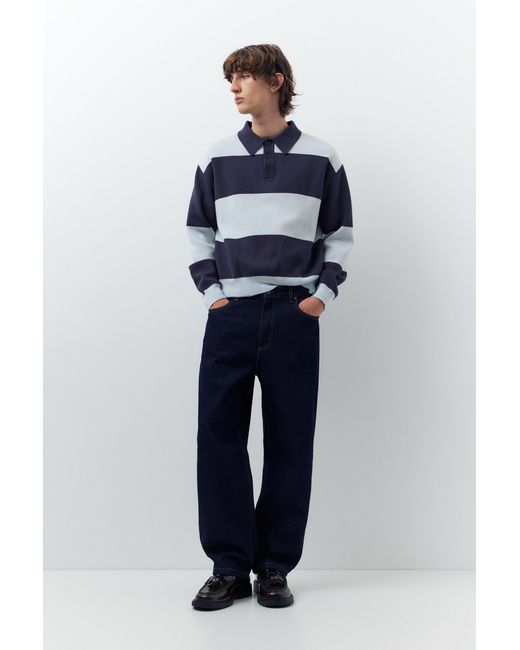 Pull&Bear Blue Paneled Knit Polo Shirt for men
