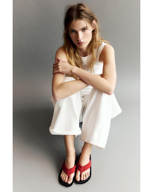 Pull&Bear Red Flat Leather Sandals