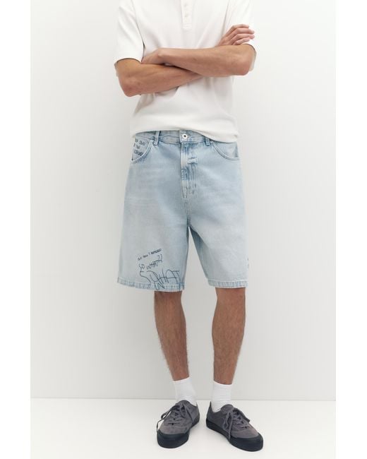 Pull&Bear Blue Embroidered Baggy Denim Bermuda Shorts for men