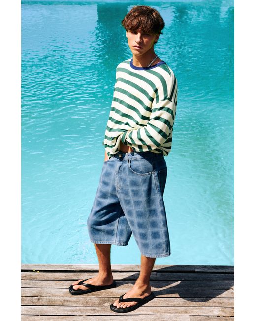 Pull&Bear Blue Laser Print Skater Denim Bermuda Shorts for men