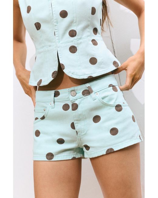 Pull&Bear Green Polka Dot Denim Mini Shorts
