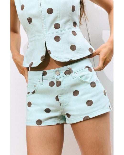 Pull&Bear Green Polka Dot Denim Mini Shorts