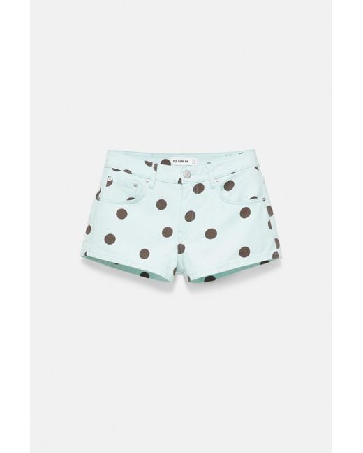 Pull&Bear Green Polka Dot Denim Mini Shorts