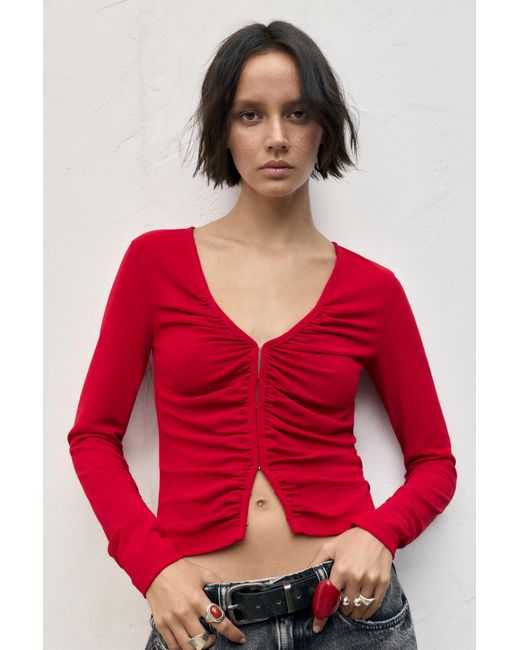 Pull&Bear Red Long Sleeve Popper Top