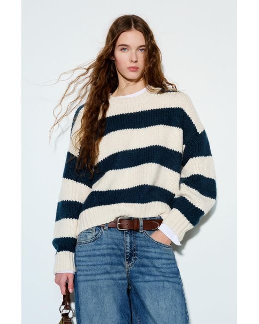 Pull&Bear Blue Chunky Knit Striped Sweater