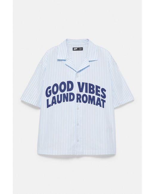 Pull&Bear Black Striped Text Short Sleeve Shirt for men