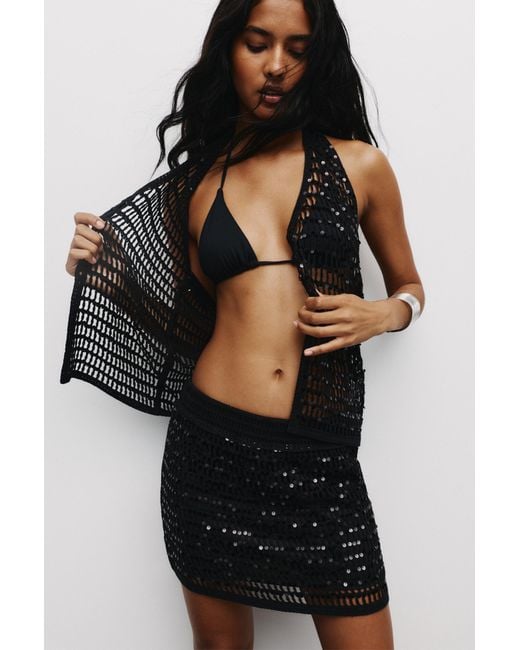 Pull&Bear Black Sequined Crochet Halter Top