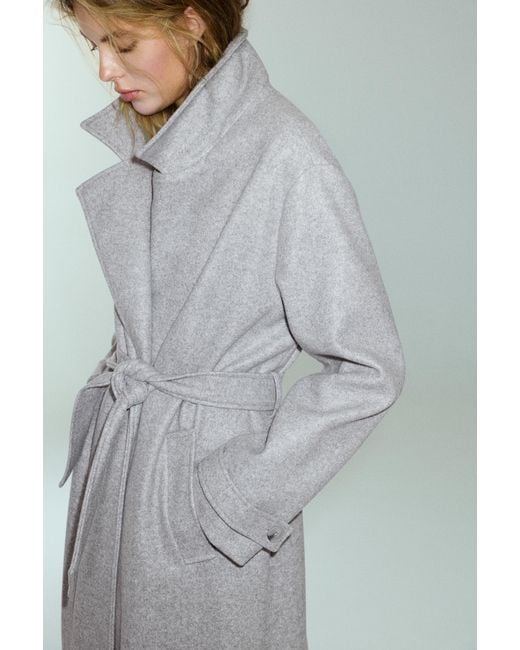 Pull&Bear Blue Langer Mantel Mit Bindegürtel