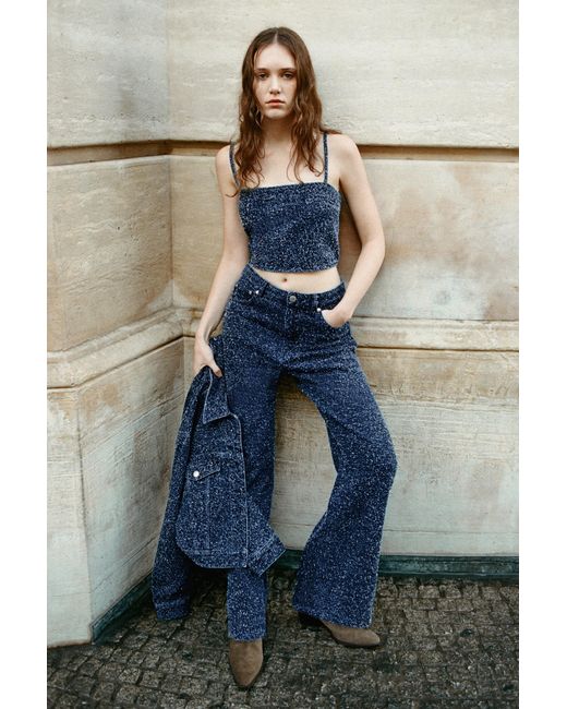 Pull&Bear Blue Textured Denim Crop Top