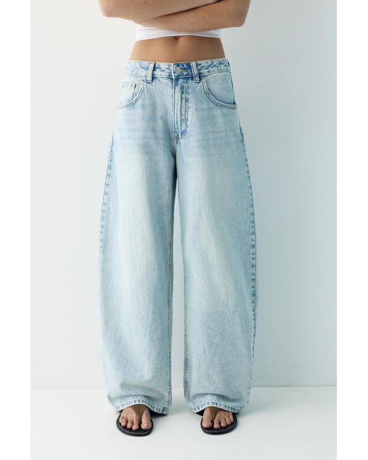 Pull&Bear Blue Embroidered Barrel Jeans