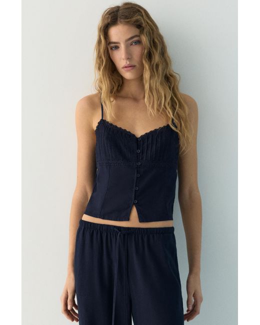 Pull&Bear Blue Lace-Trimmed Camisole Crop Top