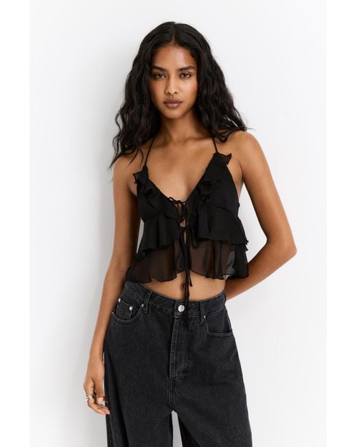 Pull&Bear Black Ruffled Top With Bow
