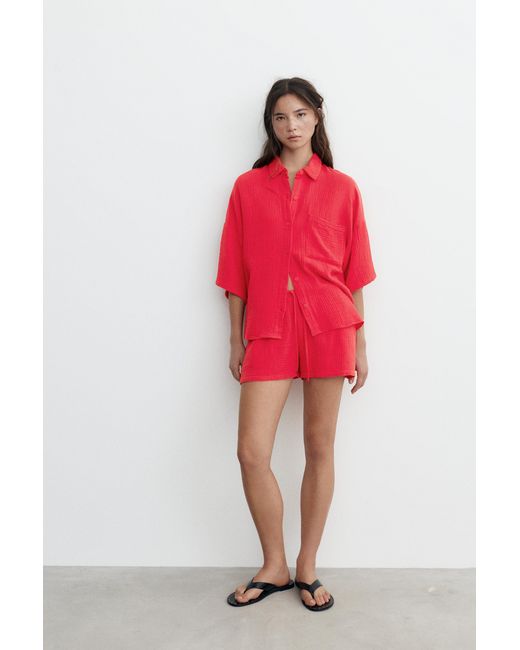 Pull&Bear Red Short Sleeve Crepe Shirt