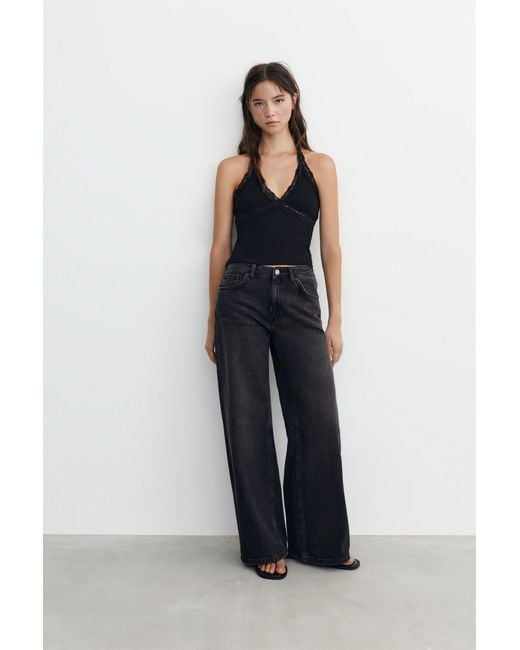 Pull&Bear Black Lace-Trim Halter Top