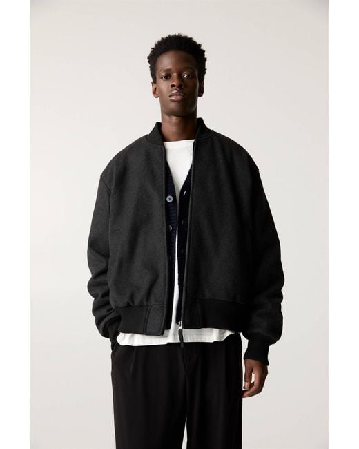 Pull&Bear Black P&B Label Felt Texture Bomber Jacket for men