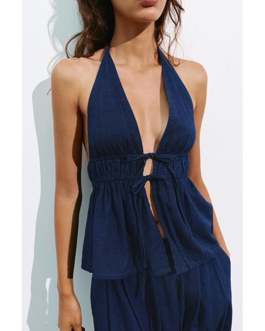Pull&Bear Blue Elasticated Denim Halter Top