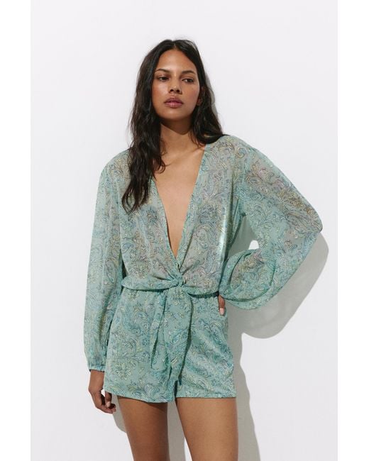 Pull&Bear Green Printed Short Romper With Ruching