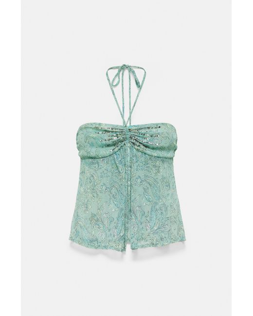 Pull&Bear Blue Ruched Beaded Top