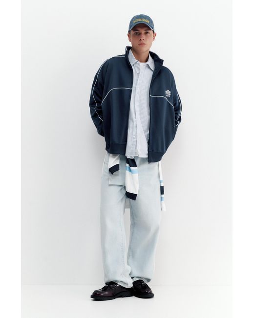 Pull&Bear Blue Embroidered Jacket With Zipper for men