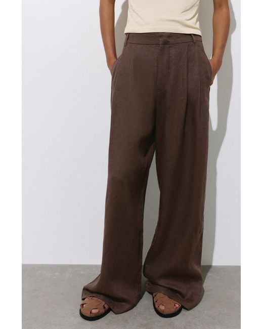 Pull&Bear Brown Wide-Leg 100% Linen Trousers