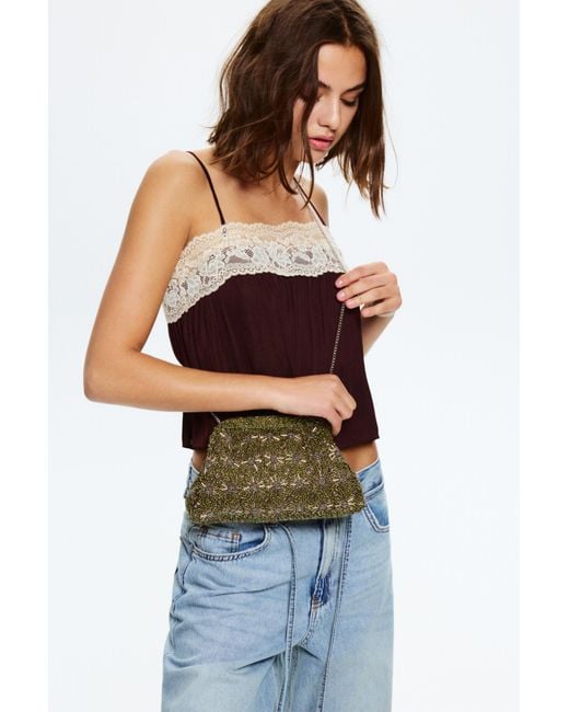 Pull&Bear Green Beaded Clutch Bag