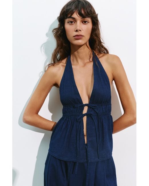 Pull&Bear Blue Elasticated Denim Halter Top