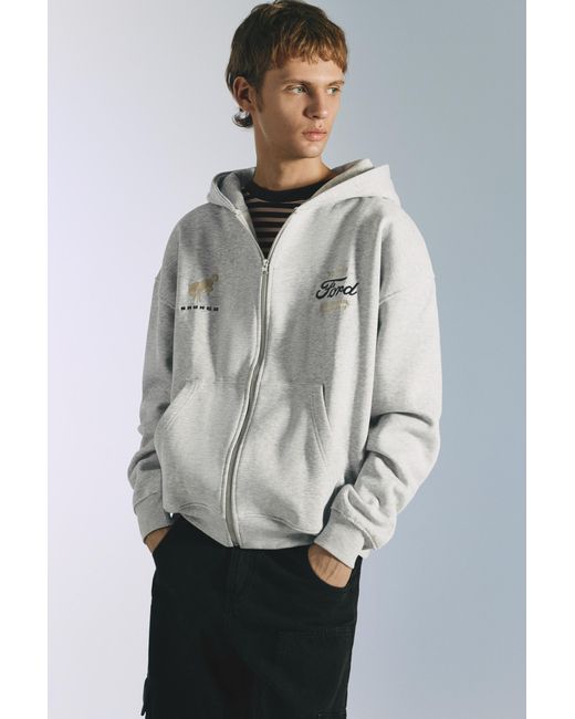 Pull&Bear Gray Ford Zip-Up Hoodie for men