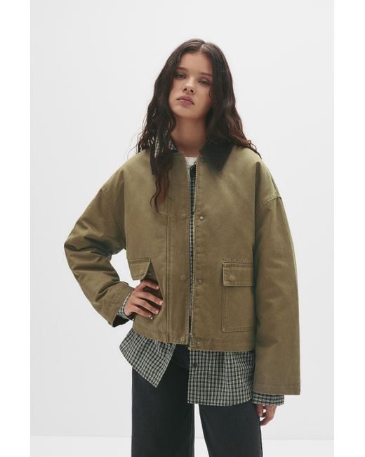 Pull&Bear Green Waxed Corduroy Collar Jacket