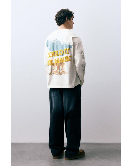 Pull&Bear Blue Long Sleeve Graphic Print T-Shirt for men