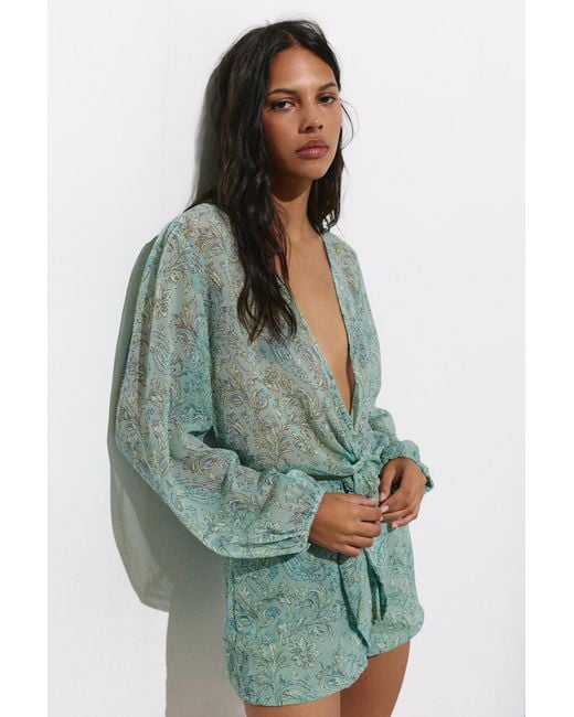 Pull&Bear Green Printed Short Romper With Ruching