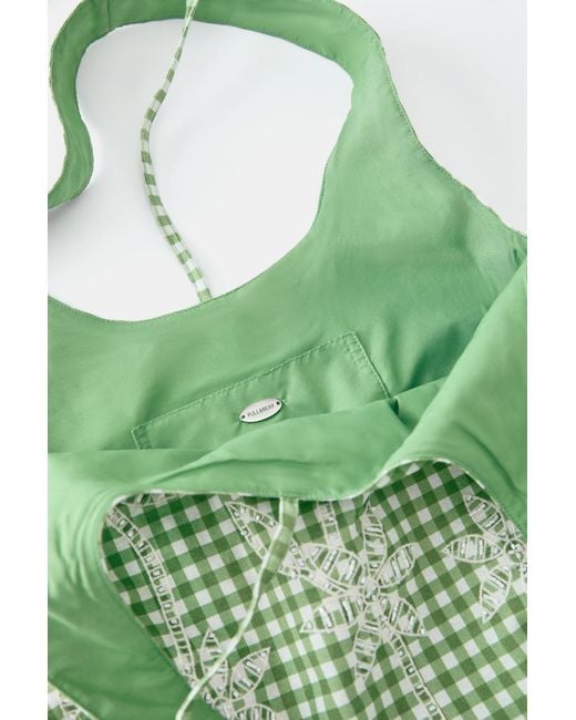 Pull&Bear Green Gingham Palm Print Tote Bag