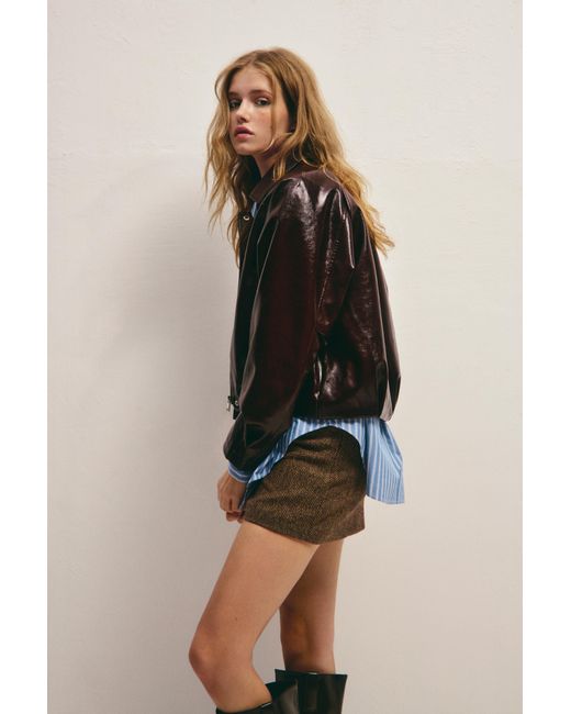 Pull&Bear Brown Vinyl-Effect Bomber Jacket