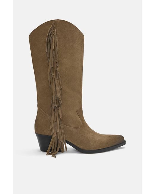 Pull&Bear Brown Fringed Leather Cowboy Boots
