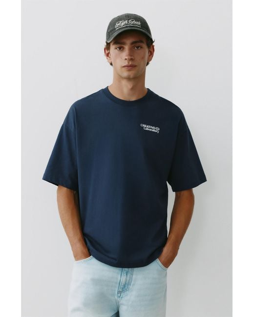 Pull&Bear Blue Creative Laboratory Graphic T-Shirt for men