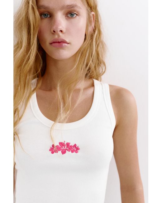 Pull&Bear White Embroidered Floral Tank Top