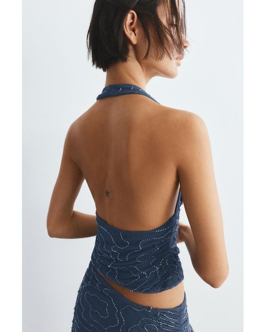 Pull&Bear Blue Beaded Tulle Halter Top