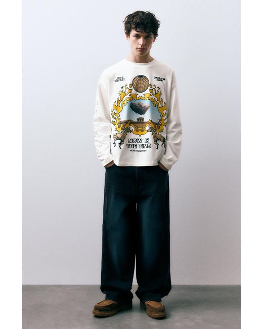 Pull&Bear Blue Long Sleeve Graphic Print T-Shirt for men