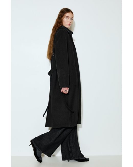 Pull&Bear Black Long Felt Coat With Belt