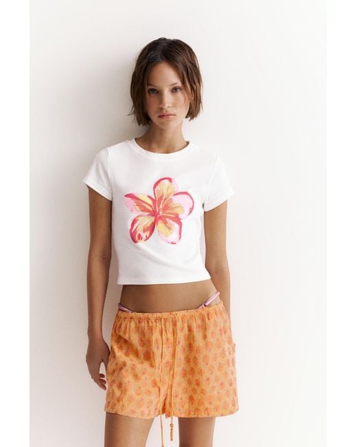 Pull&Bear Brown Hibiscus Flower Graphic T-Shirt
