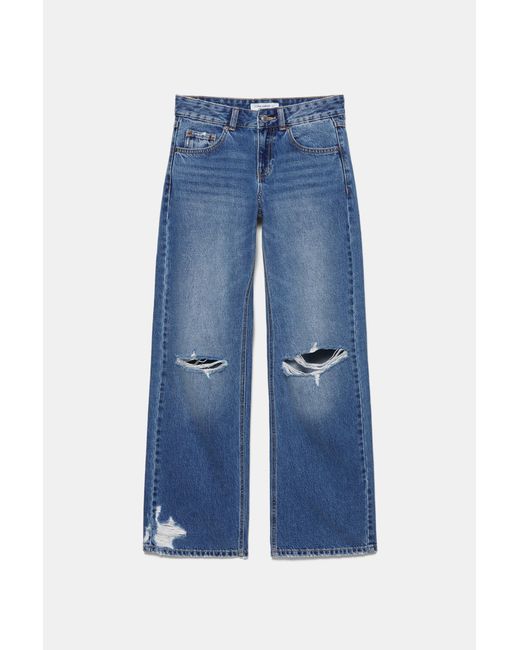Pull&Bear Blue Ripped Low-Rise Straight Leg Jeans