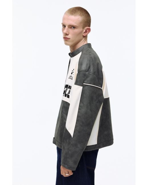 Pull&Bear Gray Paneled Leather Effect Jacket for men