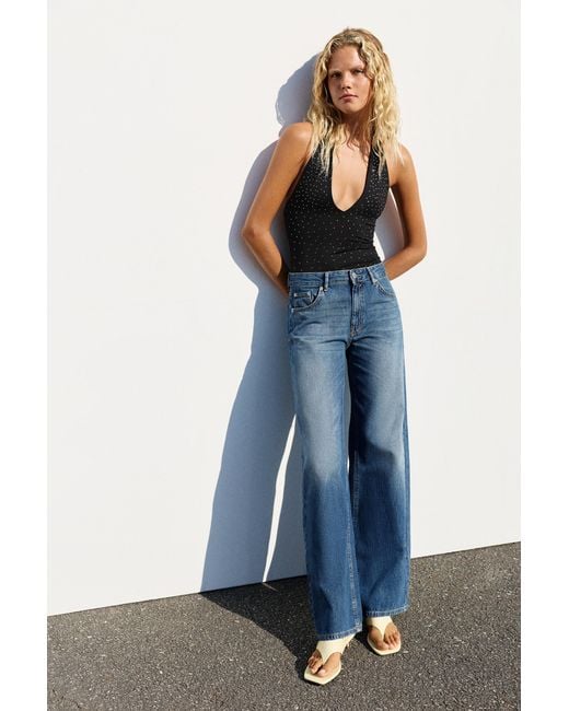 Pull&Bear Blue Rhinestone Halter Bodysuit
